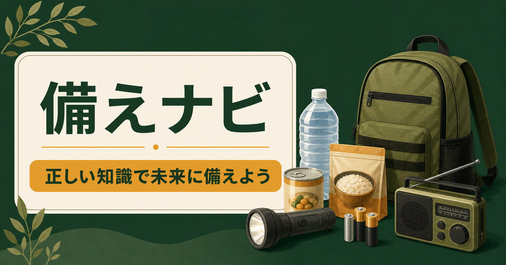 水、保存食、懐中電灯、電池、ラジオ、防災リュックをまとめた備えナビのイラスト